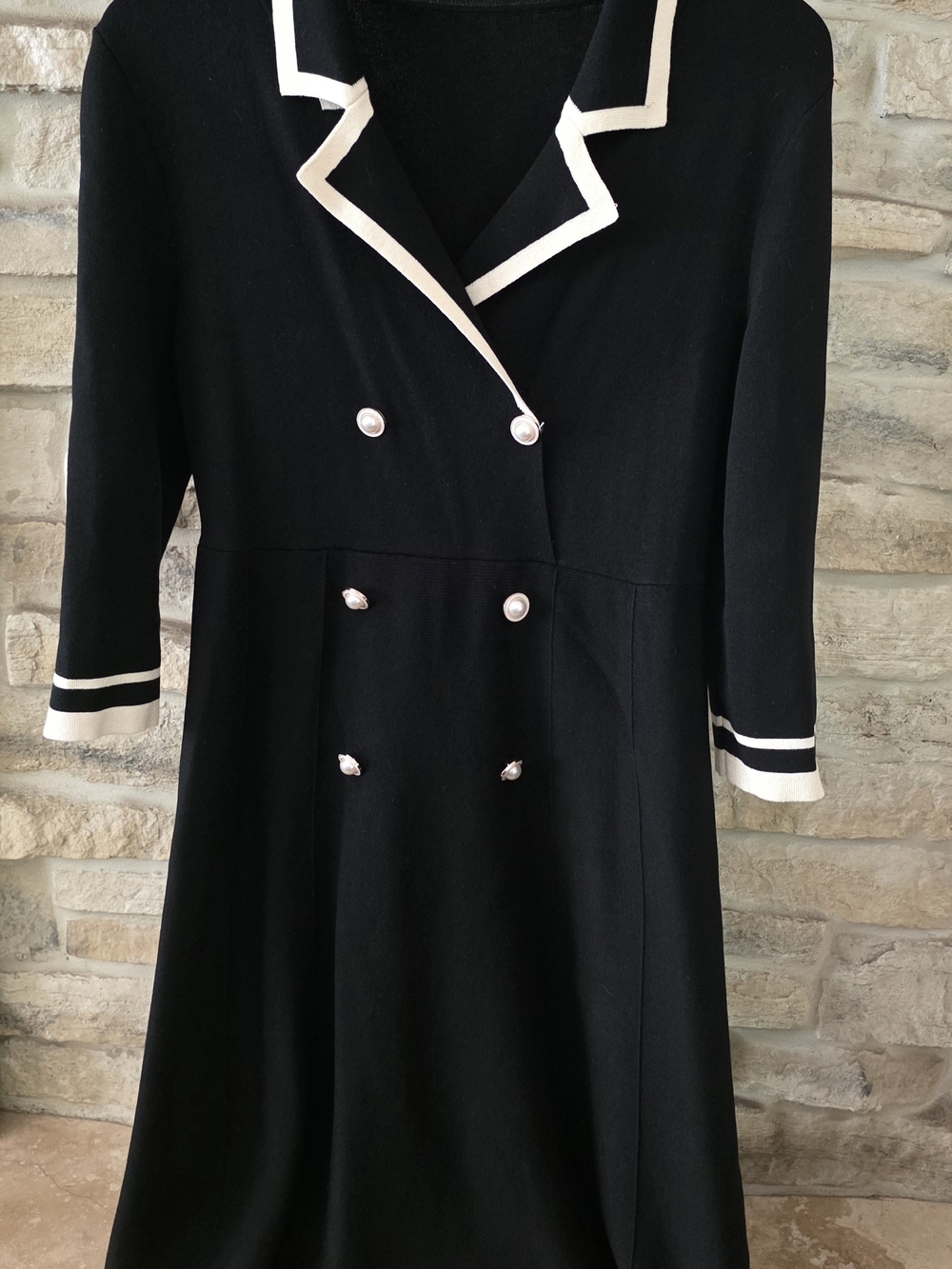 Black Long-Sleeve Double-Breasted Dress with White Trim